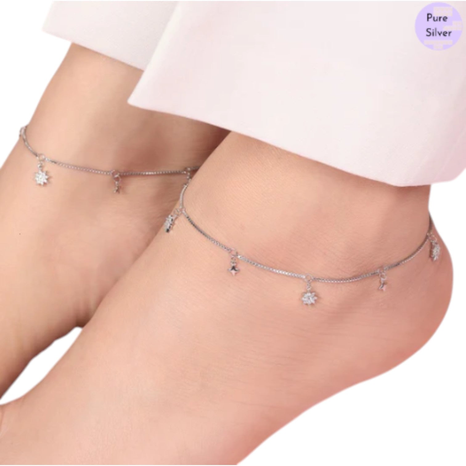 Starry Night Sky 925 Sterling Silver Rhodium-Plated Star Pattern Anklets By Kesardeep Impex For Women
